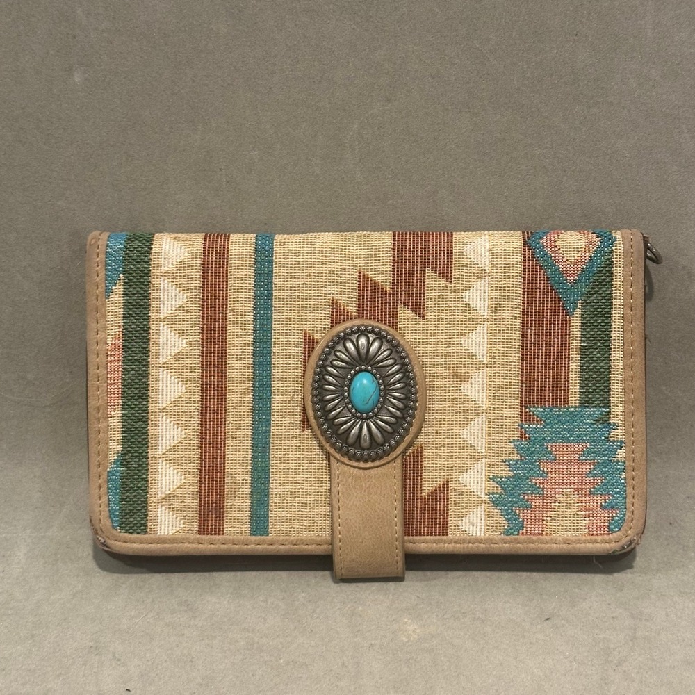 Southwestern Woven Tapestry Concho Wallet Turquoise Accent Bifold Tan Brown
